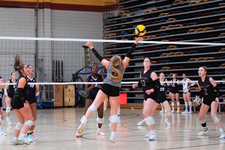 A player reaches to make a play at Central Showdown volleyball tournament in March 2026.