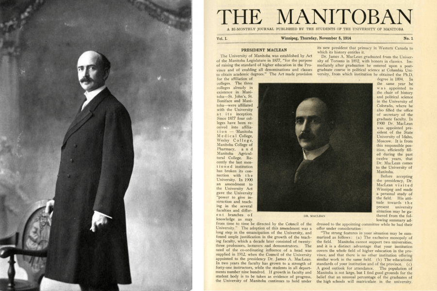 A collage of two images. One the left: James Maclean, the first University of Manitoba President. On the right: the front page of the first issue of The Manitoban dated November 5, 1914. 
