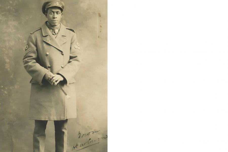 Hewburn Nathaniel Greenidge, the first black graduate of the University of Manitoba, posing in his first world war military uniform.