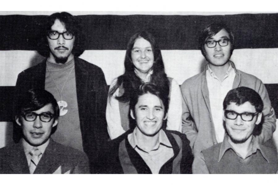 Five students, founding members of the Indian and Métis student association: Reg Blackbird, Ovide Mercredi, Albert Stevens, Emile Garson, Yvonne Moukman, John Allooloo 