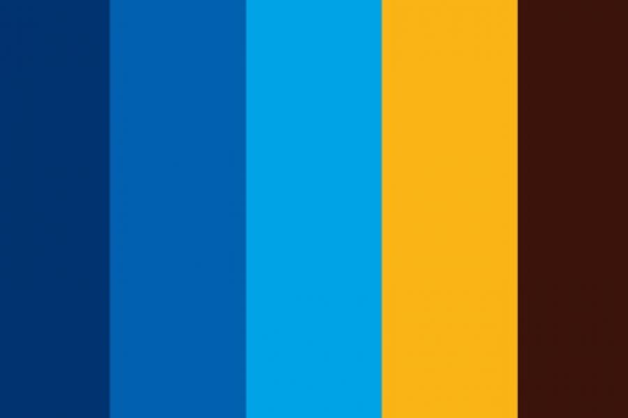 A swatch of colours including dark, medium and light blue, gold and brown.
