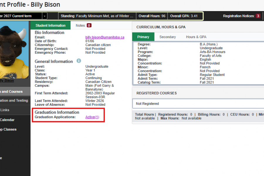 Student view of graduation application page with graduation information section highlighted in red in bottom-left corner