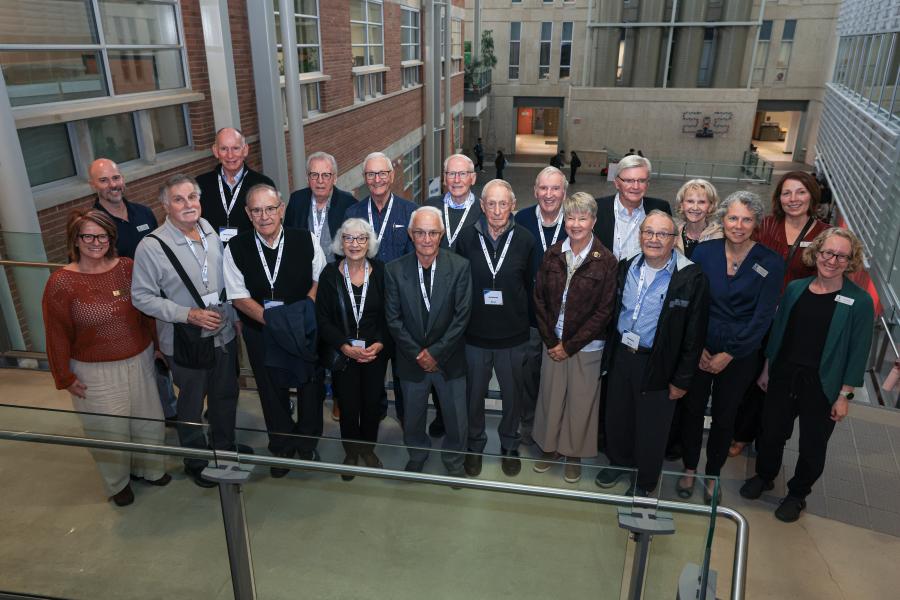Civil Engineering Class of '66 60th reunion - Group photo on atrium walkway in EITC