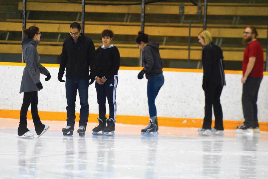 A group of 6 people ice skating