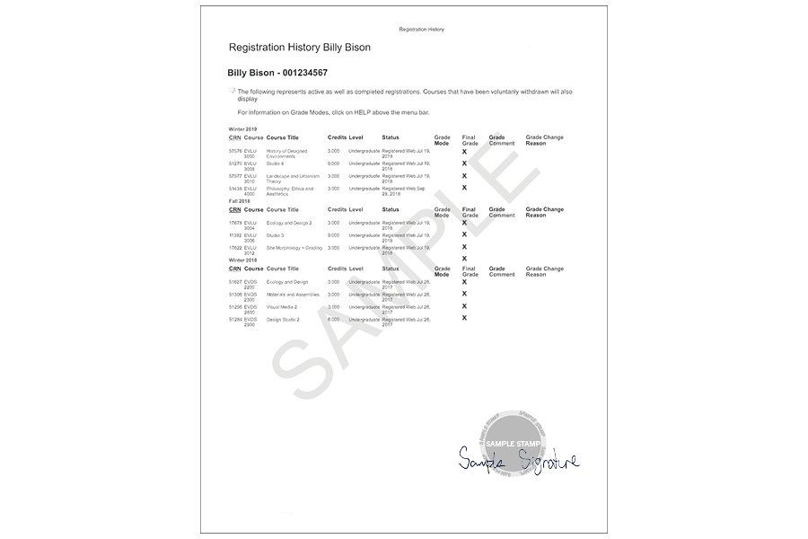 A sample of a Registration History document.
