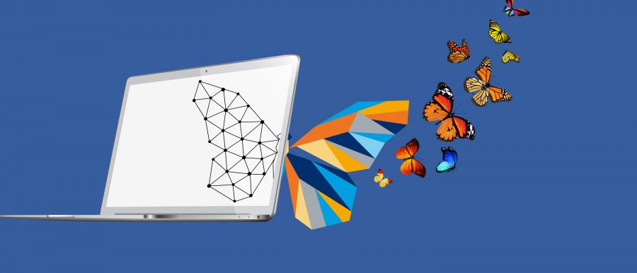 An illustration of a vector butterfly emerging from a laptop screen and into a blue sky with a group of other butterflies.