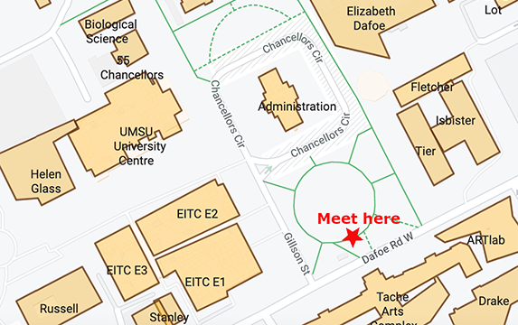 Map of UM Fort Garry Campus with the meeting place marked on the quad.