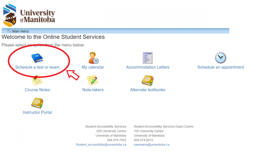 SAS student portal dashboard with left icon schedule a test or exam circled 