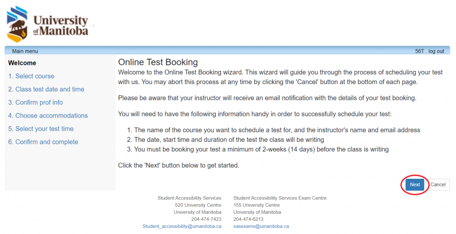 Online test booking list of required information with next tab circled