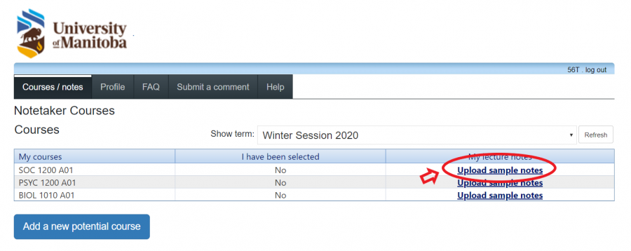 three column table for course, selected and upload notes circle around upload notes