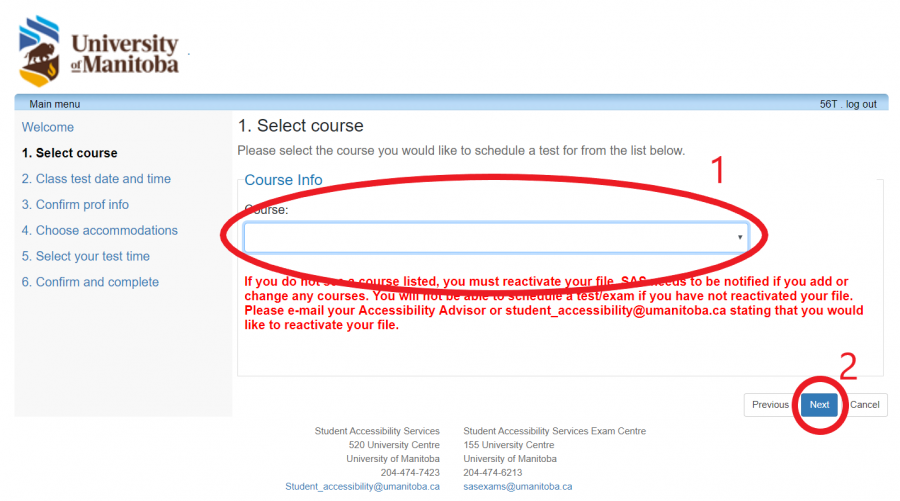 Select course page with course dropdown labelled 1 and next button labelled 2