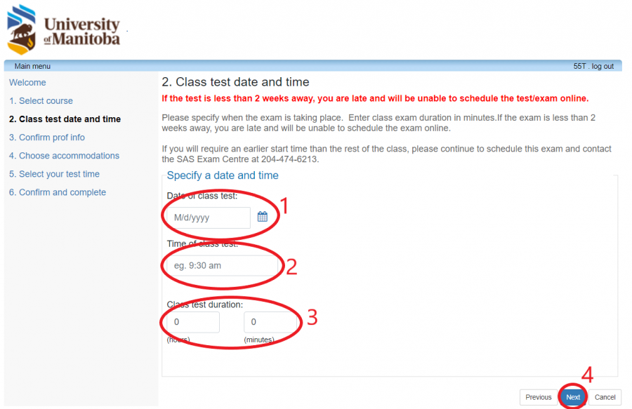Next three steps circled: class time, class date and test length
