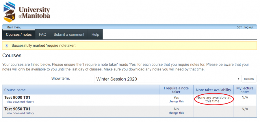 table of course and notetaker status "none are available at this time" circled