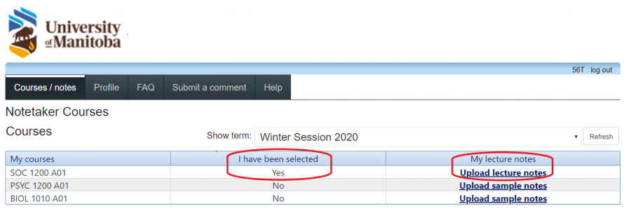 three column table for course, selected and upload notes with circles around selected and upload notes