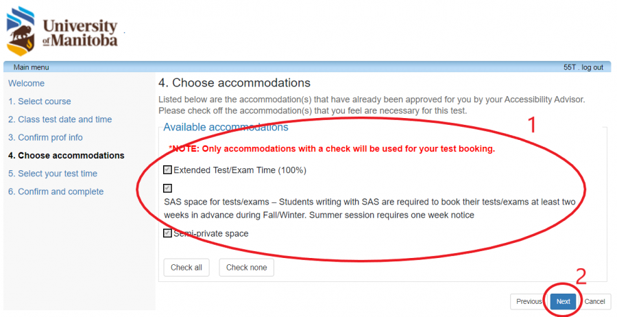 choose accommodations, next button circled