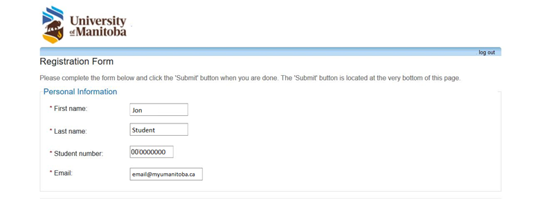 pre-filled text fields with name, student number and email