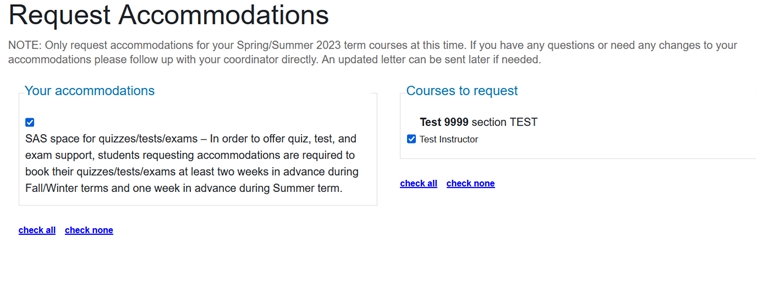 page split into a section with a checklist of accommodations and a checklist of courses