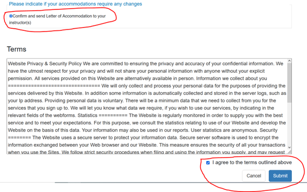 verification page with box circled for accommodations and a box circled to agree to terms and conditions.