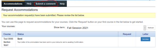 four column table with submit comment tab circled at top of page