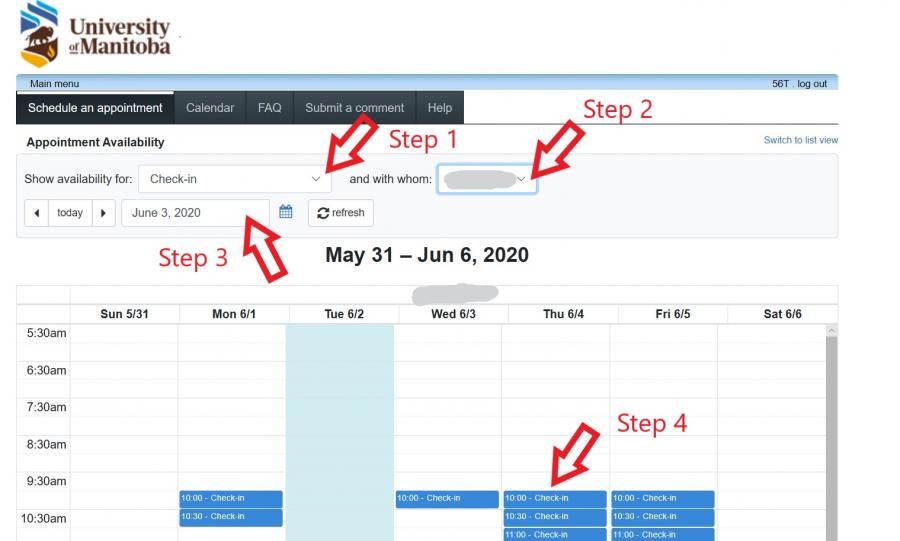 Weekly calendar with drop downs and steps indicated with red arrows