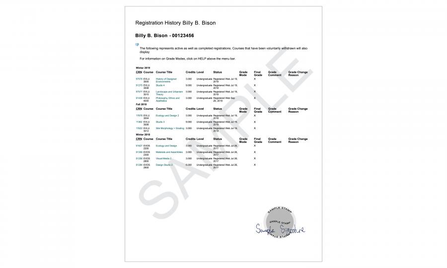 A sample copy of a Registration History document.