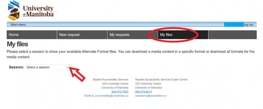 The my files tab is circled and an arrow points to the session drop down menu