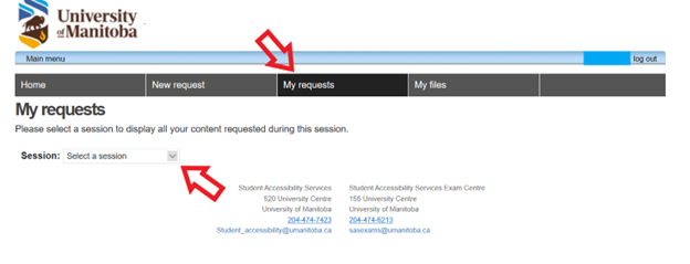 Arrow pointing to my requests tab and session selection menu