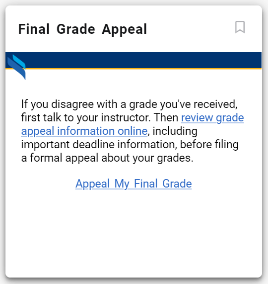 Final Grade Appeal card, blue banner, with text underneath stating more details about the final grade appeal link