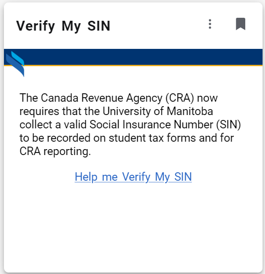 the verify my SIN card, with a blue band at the top, with text and then a link to the functionality. 