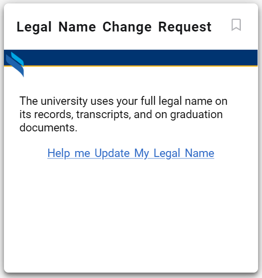 Legal name change card, with blue banner, information about legal name change and a link to the form. 