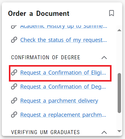 Order a document card in Aurora. Red box highlighting the request a confirmation of eligibility to graduate letter link