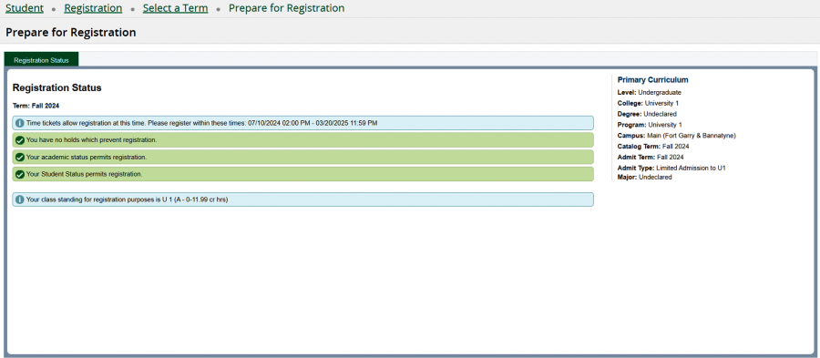 A screen shot of the prepare to register screen, highlighting your time ticket in blue and your student status in green.