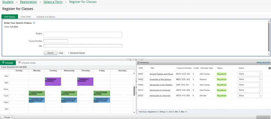 A screen shot of register for classes, with 3 panes, top pane, to look up classes, bottom right to see registration summary and bottom left to view your class schedule in a calendar format