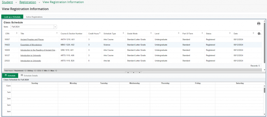 A screen shot of the view registration information, with 2 panes of view, top pane shows class schedule info and the bottom pane shows your schedule in a calendar view