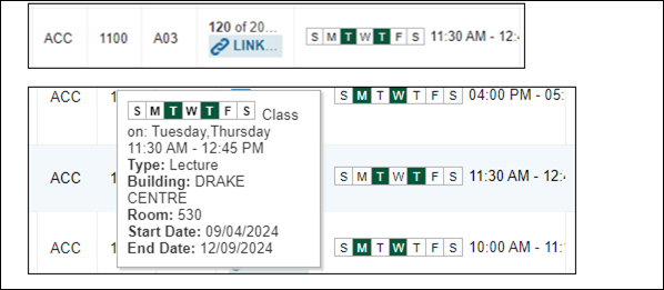 Screenshot of the days of the week display in Aurora, when you hover over the days of the week grid (pillbox) on these pages, a popup will display the full day of the week description 