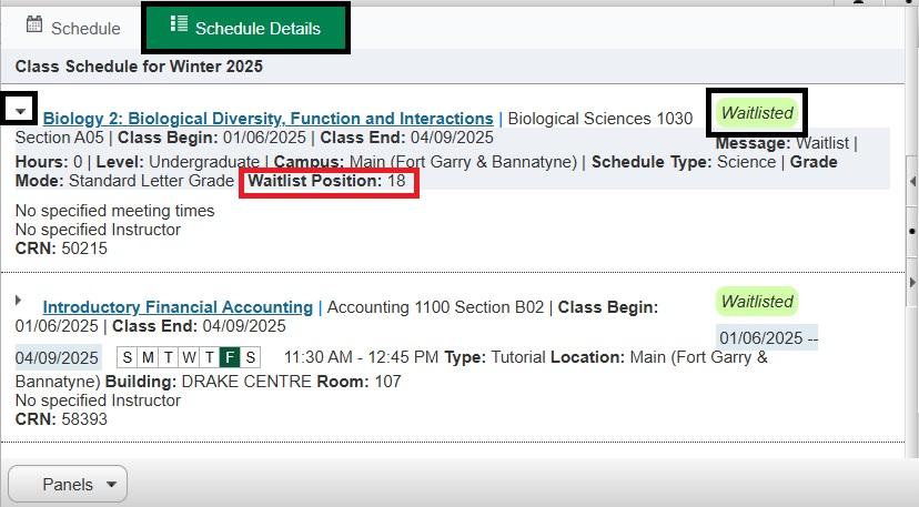 screen shot of how to see your waitlist position; you must select the arrow to expand the hidden information