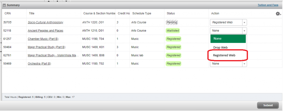 screenshot of the registration summary view, highlighting with a red box the options to select register web to add a course once you received a waitlist notification