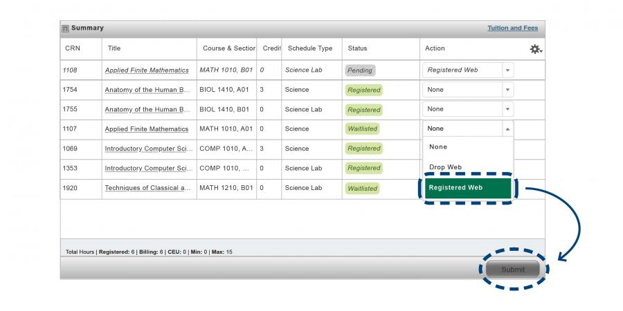 screenshot of the registration summary view, highlighting with a red box the options to select register web to add a course once you received a waitlist notification