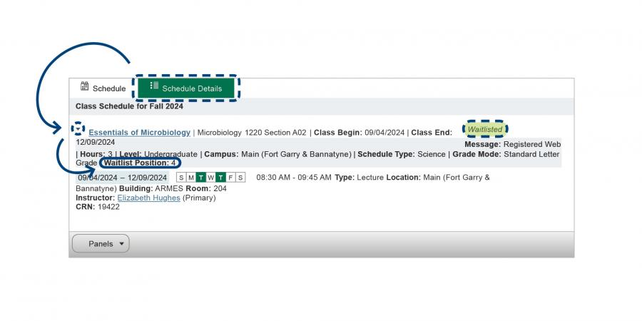 screen shot of how to see your waitlist position; you must select the arrow to expand the hidden information.