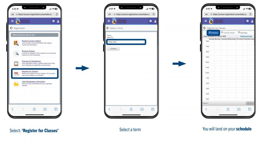 An image displaying three phones, with a diagram showing the process of accessing the Register for classes page.