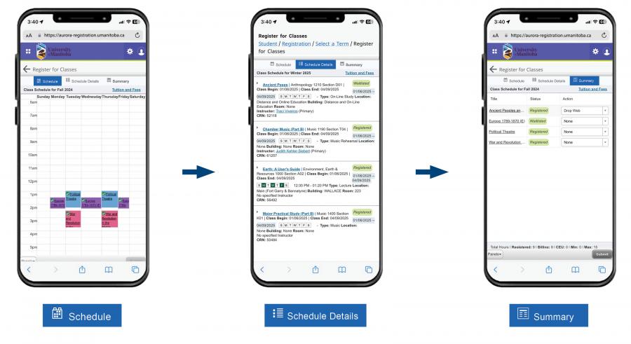 An image of 3 mobile phones displaying the registration page sections in Aurora.