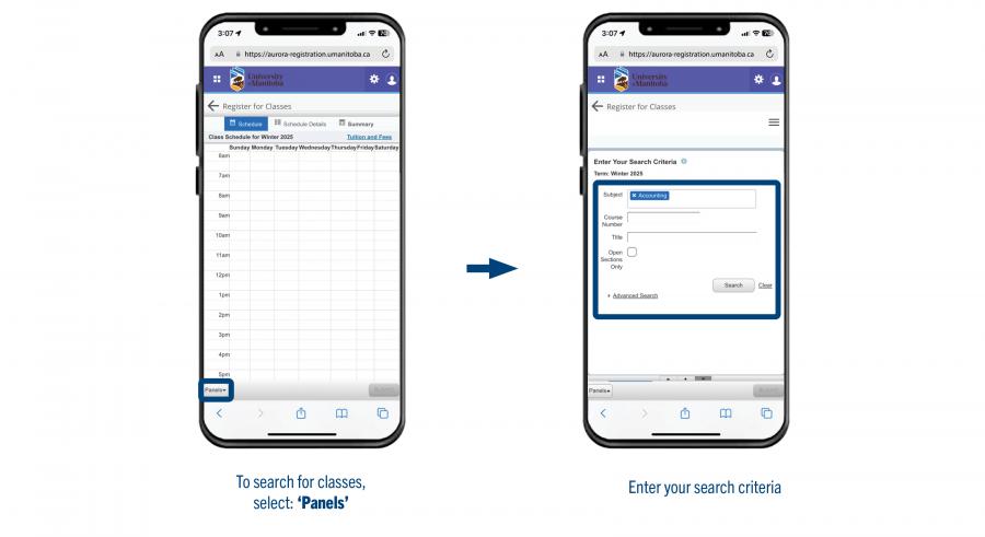 An image displaying two phones, with a diagram showing the process of searching for classes in the Register for Classes page.