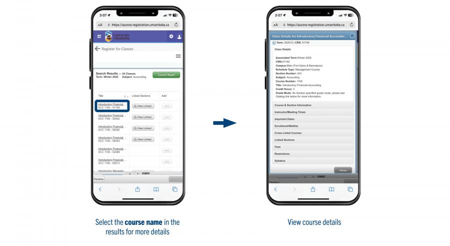 An image displaying two phones, with a diagram showing the process of accessing search results in the register for classes page.