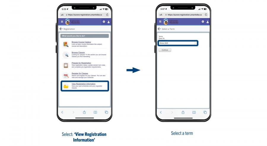 An image displaying two phones, with a diagram showing the process of entering the View Registration Information page.