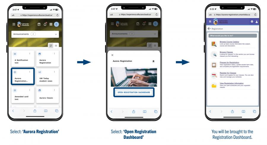 an image of three mobile phones, with arrows demonstrating how to access the registration landing page in Aurora.