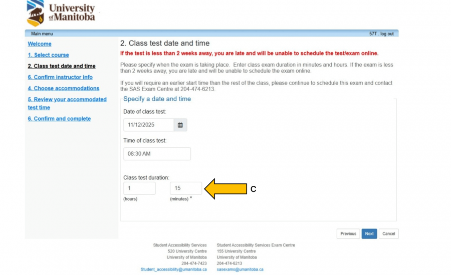 Class test date and time screen with arrow to class test duration input fields.