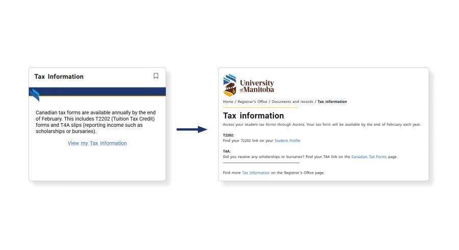 Tax information Aurora Card on the right next to an arrow pointing left at the Tax Information page where student select tax forms.