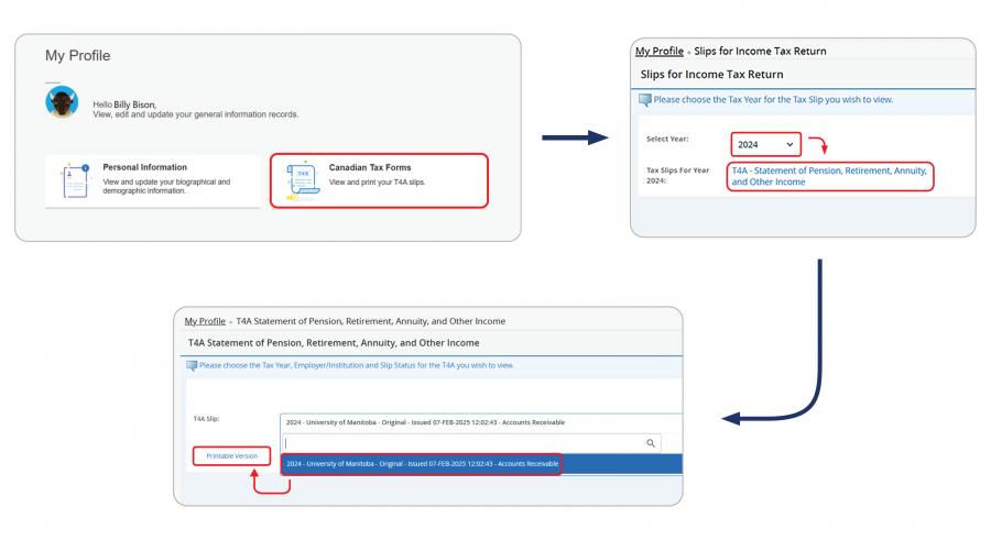 A screenshot of the 'My Profile' page on left, next to an arrow pointing right at the Tax slip information selection screen, where you can select and download your T4A.
