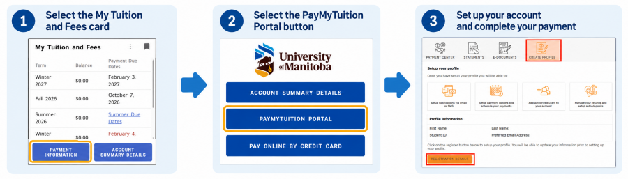 Pay my Tuition process, from logining into aurora to the payment portal, screen shots are set on light blue background, with yellow boxes highlighting the links to select