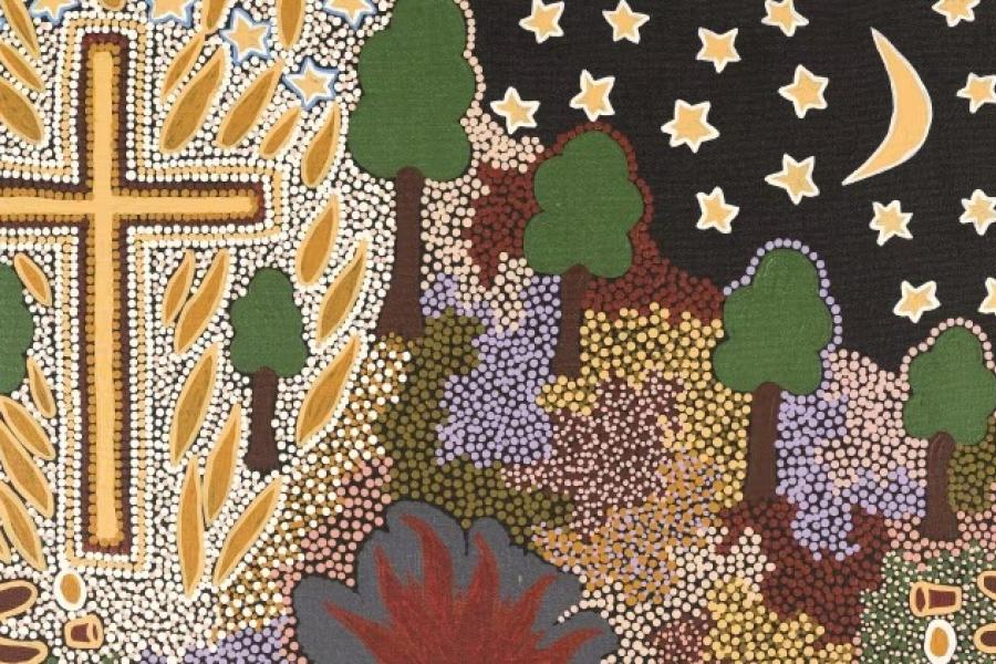 Indigenous art piece of Christian cross and landscape